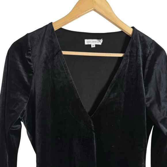 Good American Black Velvet Deep V Neck Long Sleeve Bodysuit Size Large - Picture 3 of 7